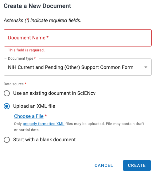 SciENcv menu showing Create New Document with the Current and Pending (Other) Support (CPOS) Common Form and XML upload option.